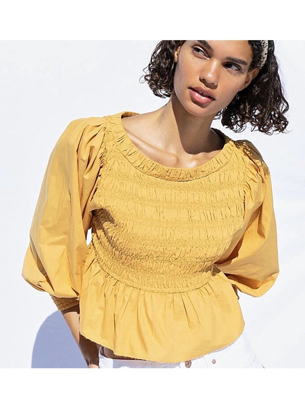 Free People Whoa Yellow Smocked Poplin Off The Shoulder Top - S